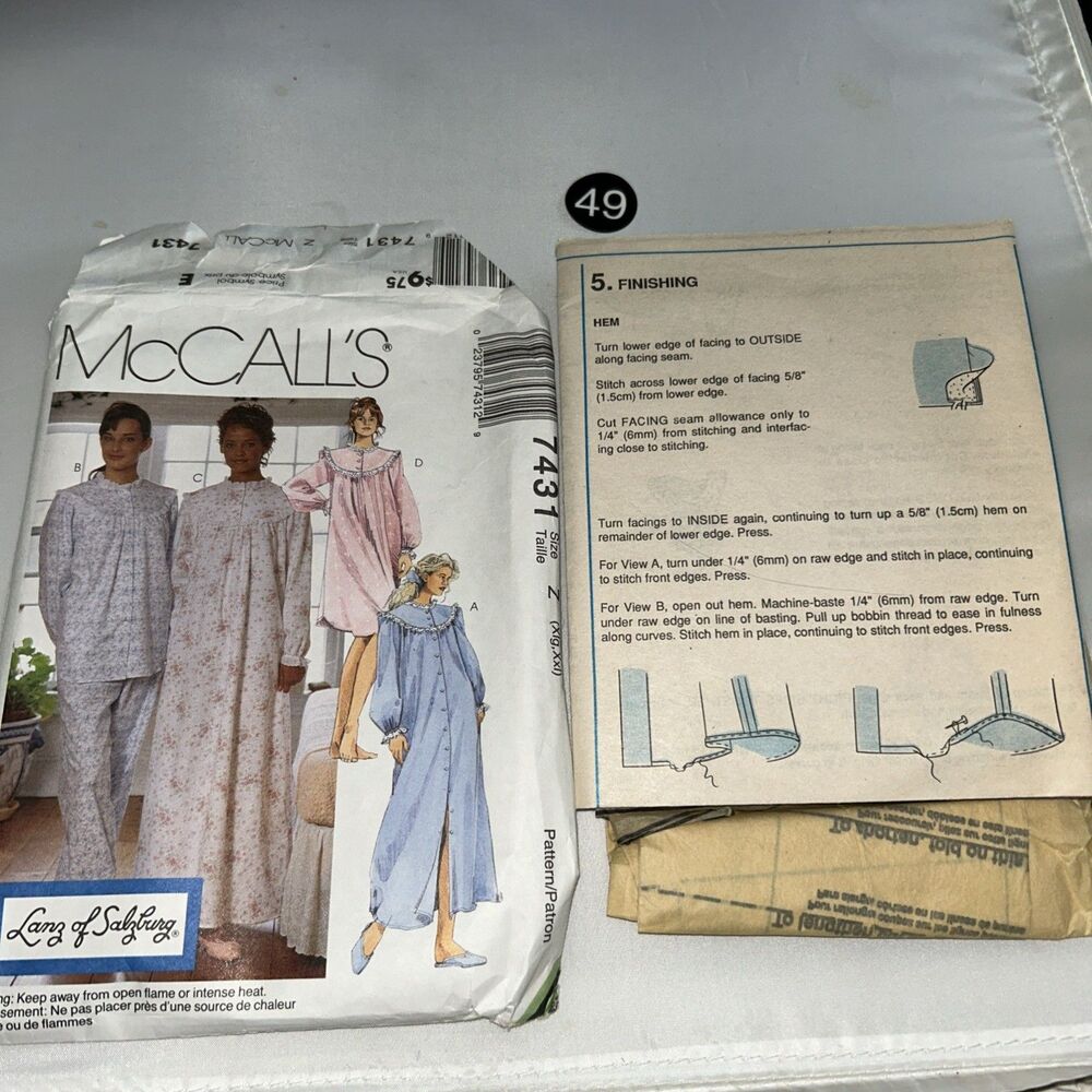 McCall's 7431 Misses Robe Pajama Nightgown XL Cut Pattern